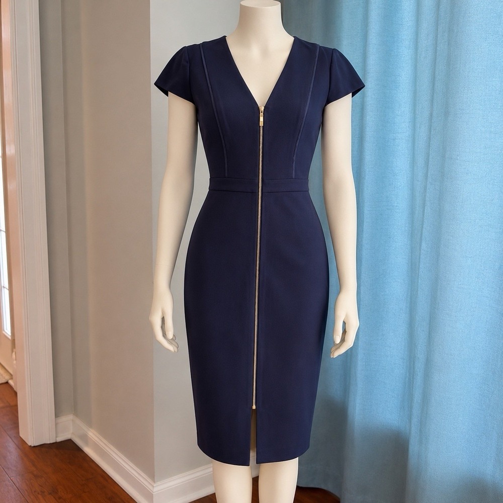 Ted Baker London Navy Sheath Dress Gold Zip Front Cap Sleeve V Neck Size 4